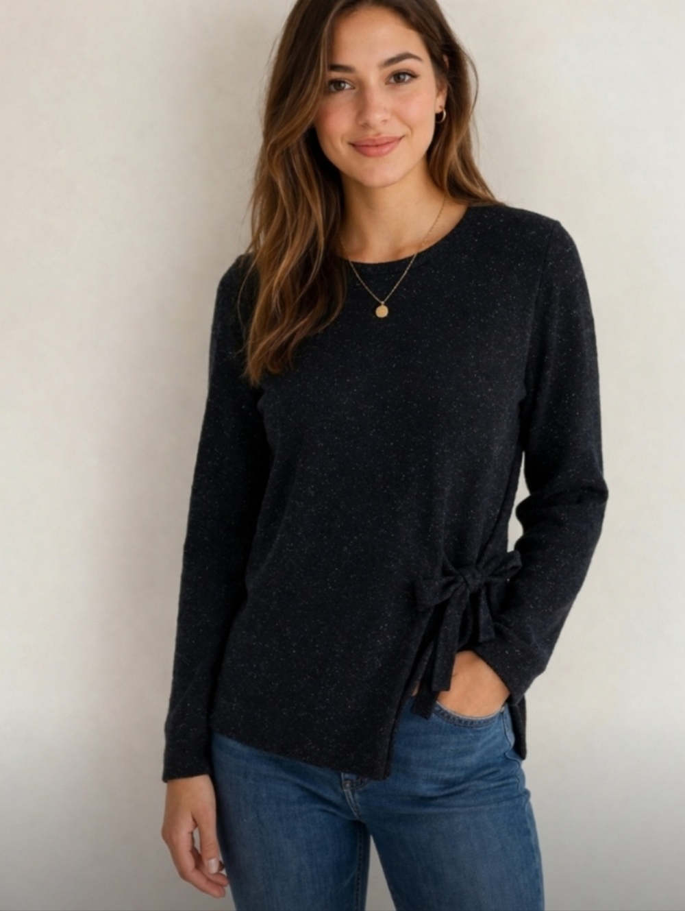 J. Jill Black Crew Neck Long Sleeve Sweater Side Tie Large Quiet Luxury Elegant